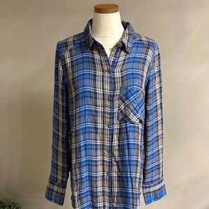 Free People women’s Plaid Casual button up Shirt blue grey white cuffed sleeve M